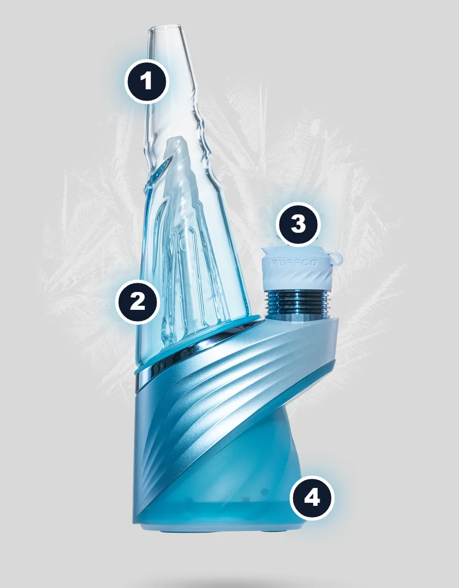 Puffco Peak Pro Glacier callouts: gradient sculpted glass, frosted inner cone, 3DXL chamber and illuminated silicone base